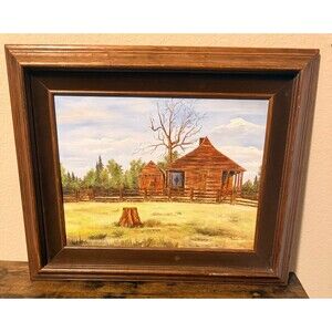 Vintage MCM Country Cottage Folk Art  Painting With Suede Frame Keeling 1979